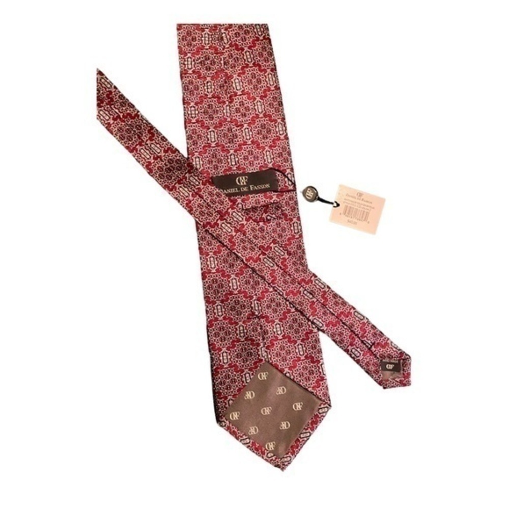 Daniel de Fasson Men's Silk Tie Red Silver Necktie - Picture 2 of 2